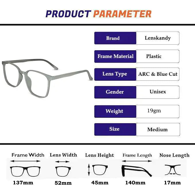 Shiny Grey Square Computer Glasses For Men & Women