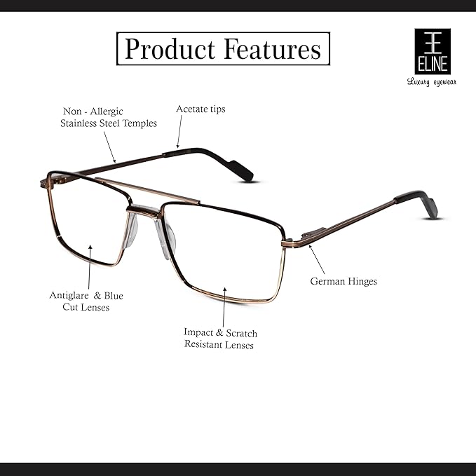 Gold Rectangular Antiglare Computer Glasses For Men