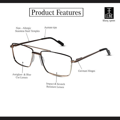 Gold Rectangular Antiglare Computer Glasses For Men