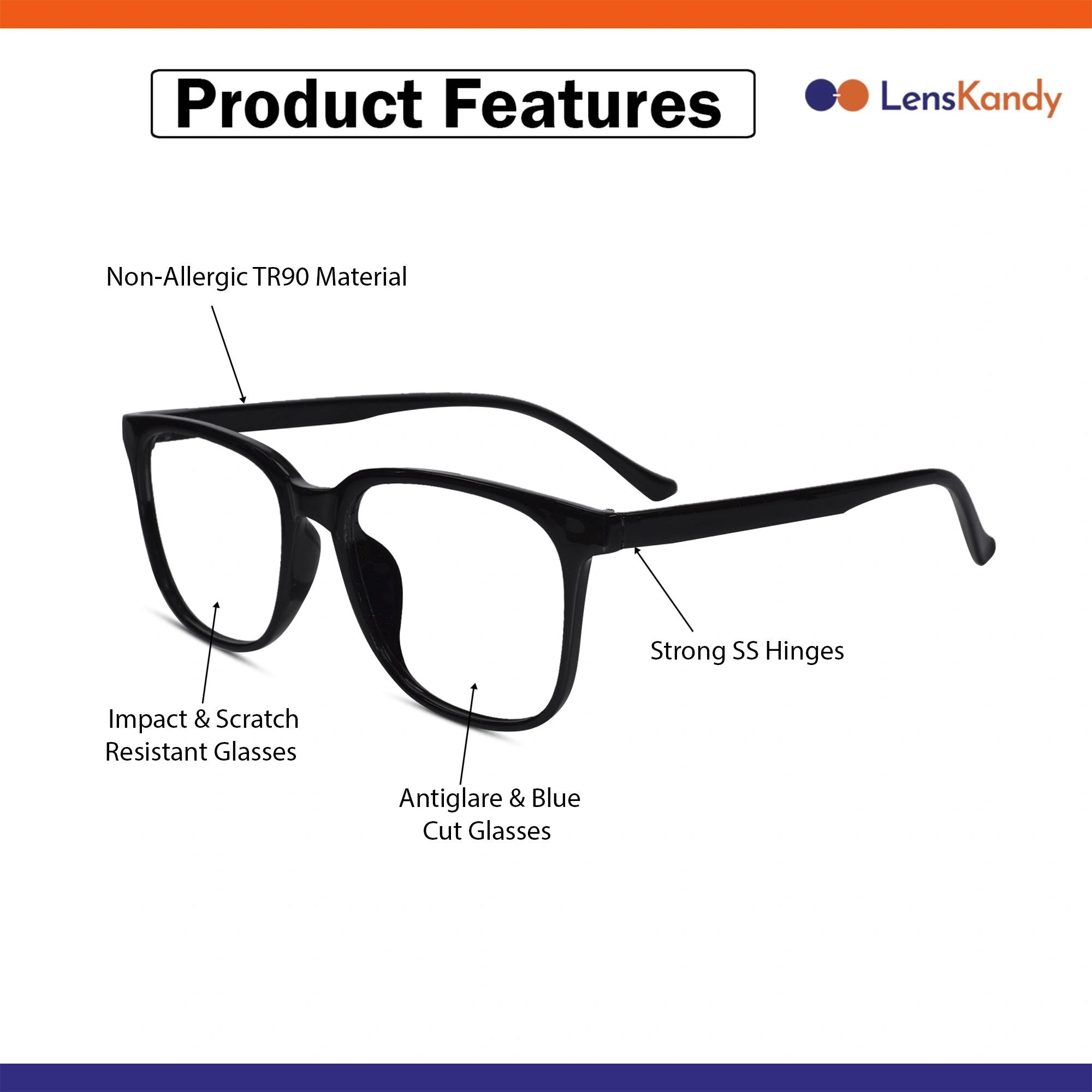 Black Rectangular Full Rim Eyeglasses For Men LKE20318-BLK