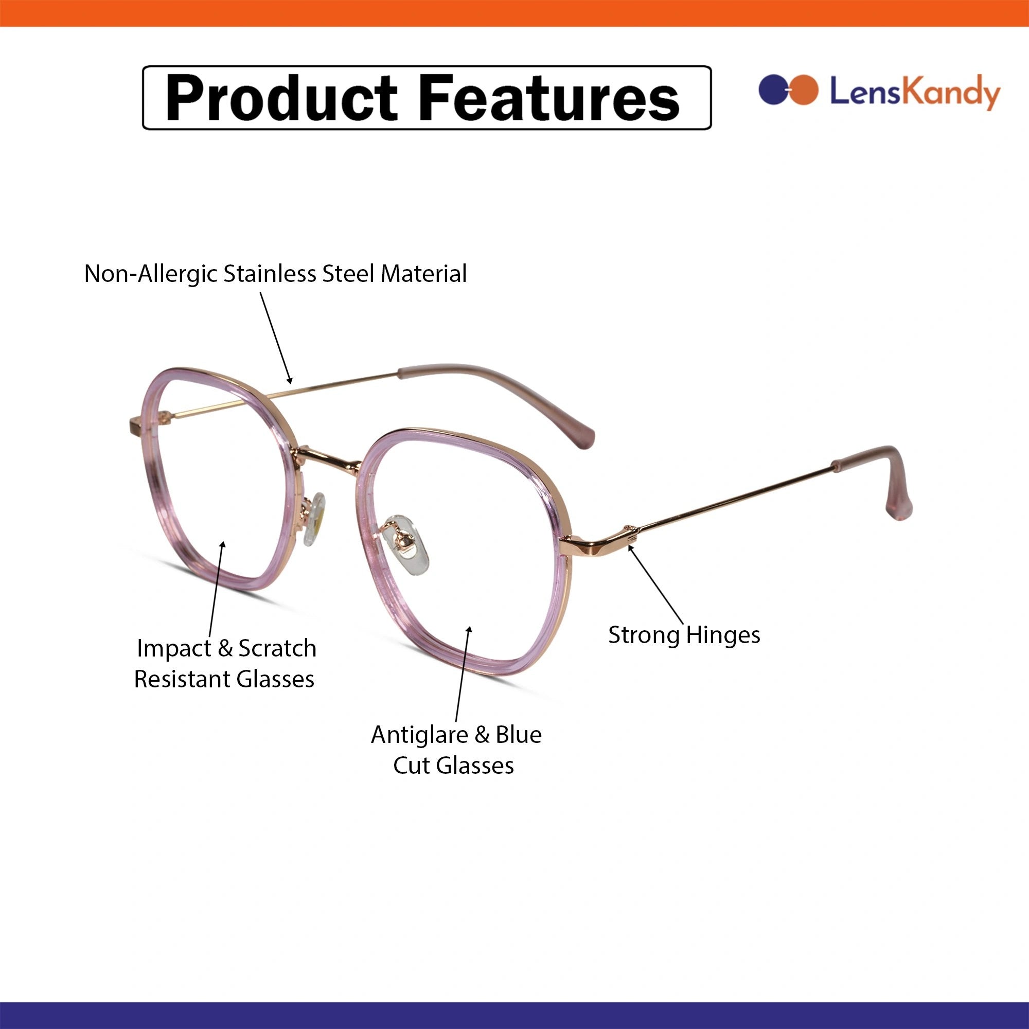 Pink Full rim Hexagonal Eyeglasses For Women LKE2207-PNK