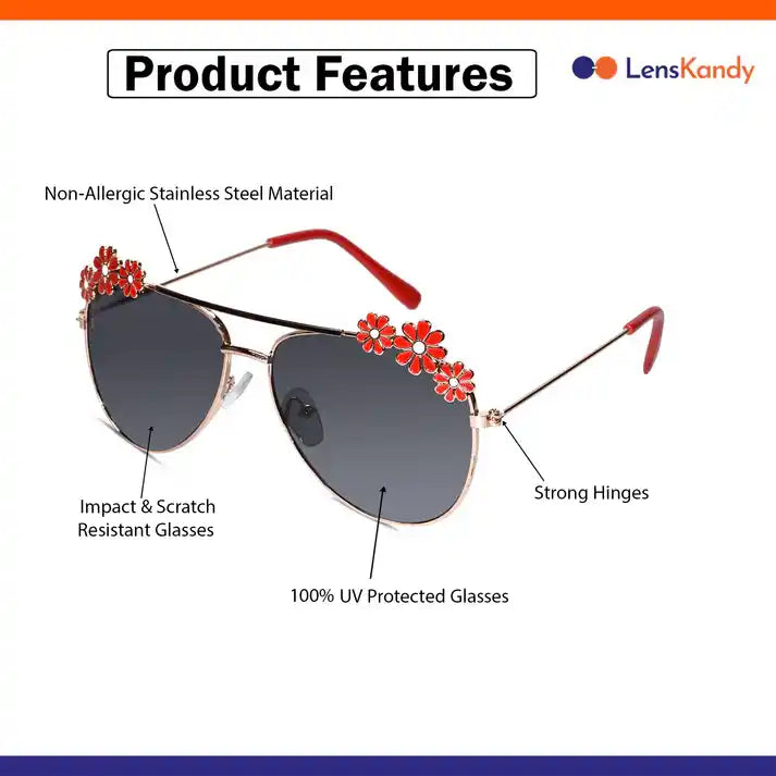 Aviator Floral Red Sunglasses For Girls