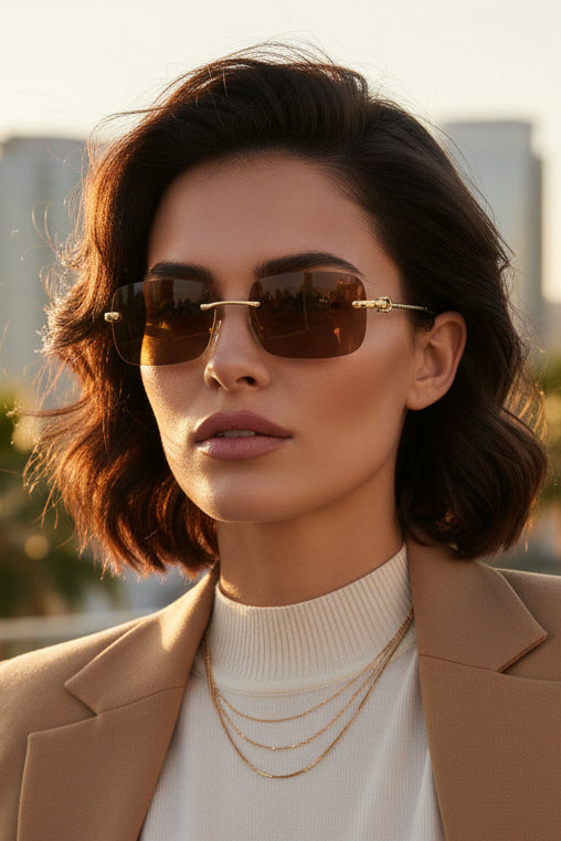 Rimless Rectangle Sunglasses for Men & Women ELS2026S030-BRN