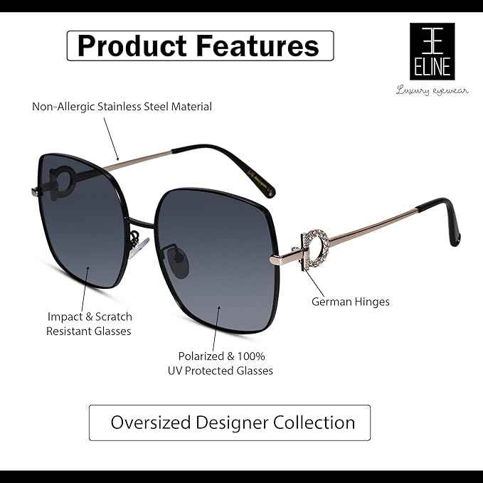 Designer Oversize  Black Square Sunglasses For Women ELS1535-BLK