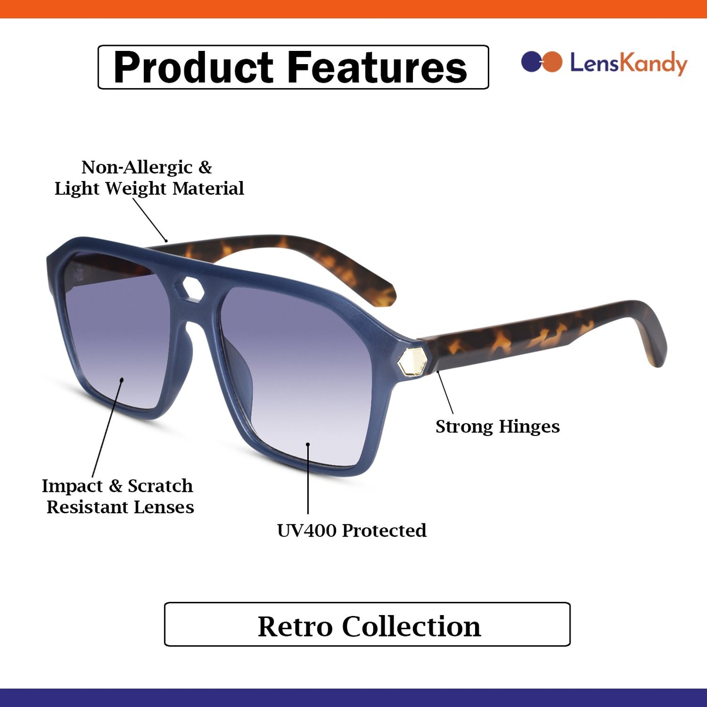 Stylish Bold Rectangular Blue Sunglasses For Men