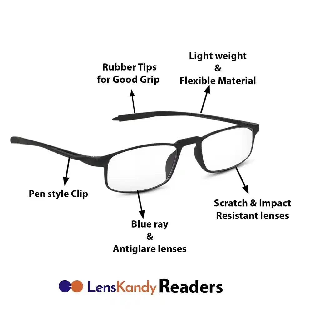  Full view of black eyewear showing textured temples for a secure non-slip fit. This designer glass frames makes it easy to order portable unisex reading glasses online today.