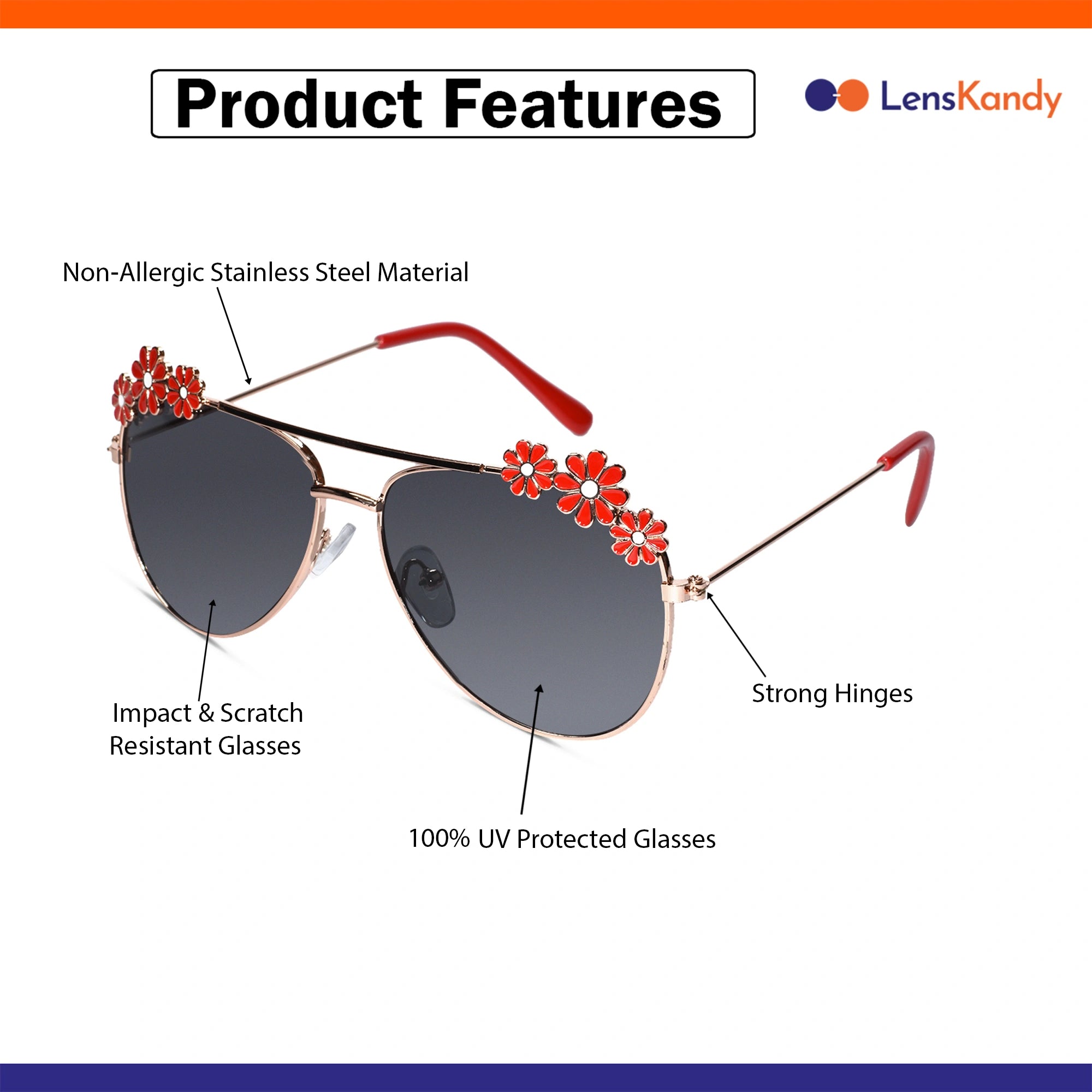 Aviator Floral Sunglasses  For Girls LKSK0003-RED-BLK