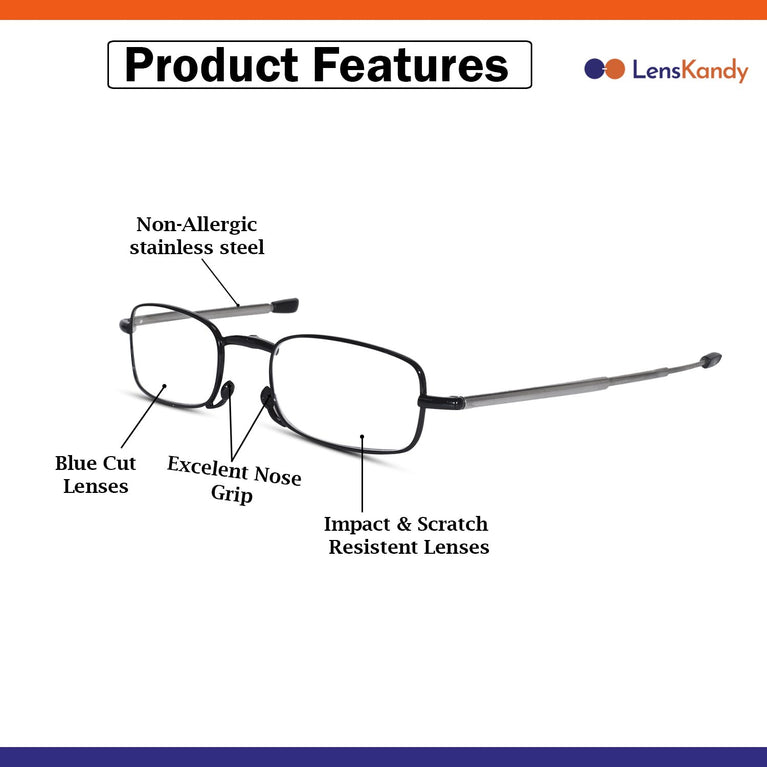 Grey Full frame foldable Rectangle reading glasses