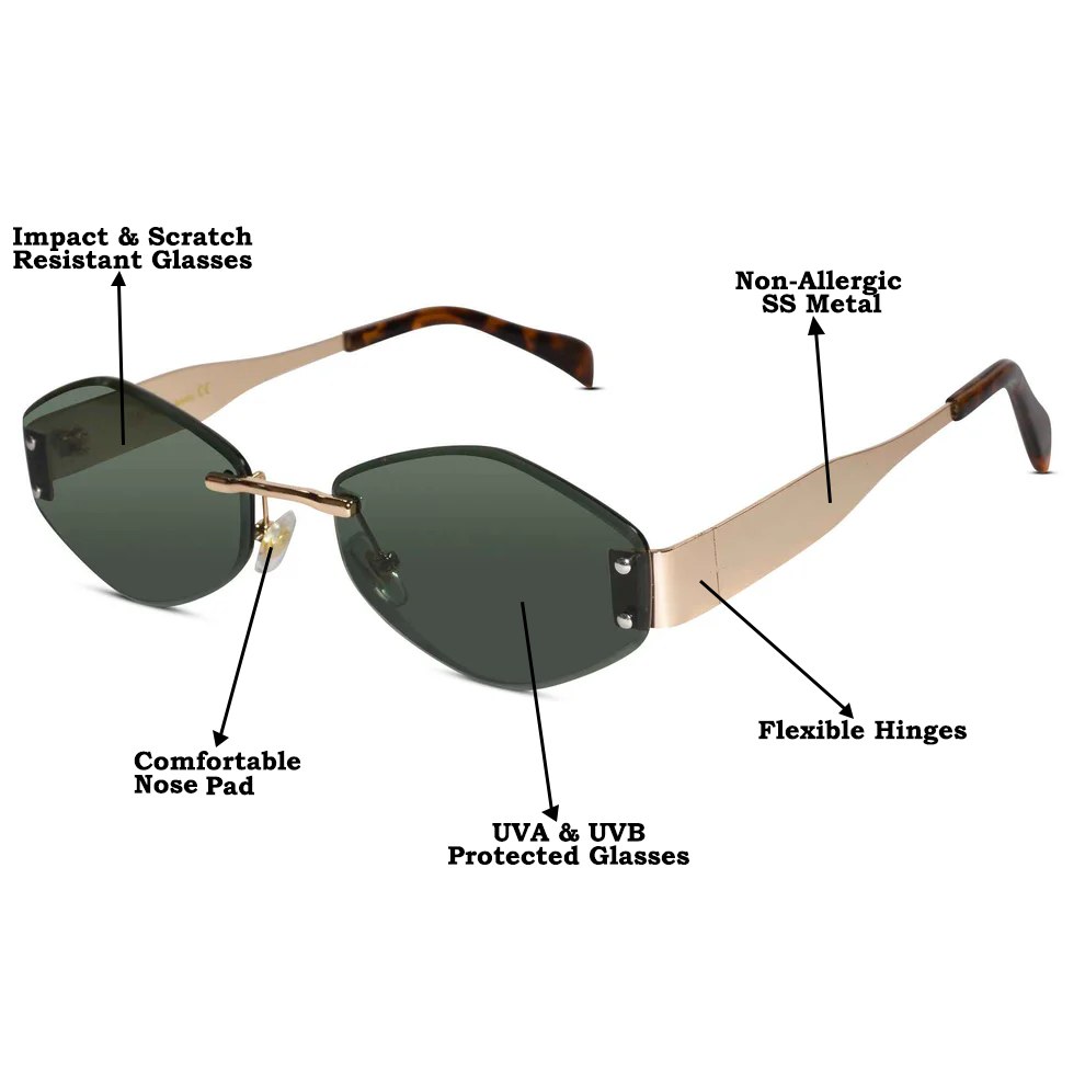 Hexa Gold Green Rimless Sunglasses