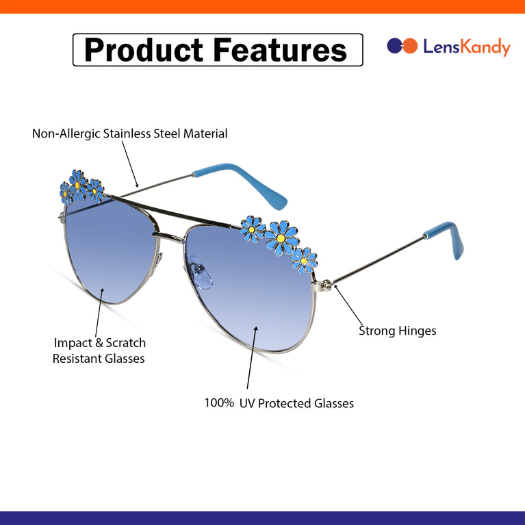 Aviator Sunglasses for kids with Light Blue color lens and silver temple