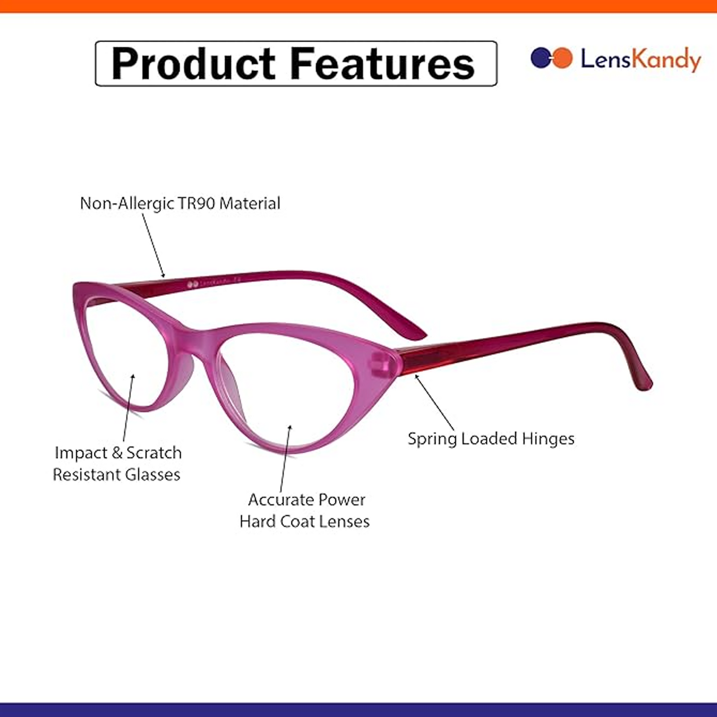 LensKandy Cateye Shape Reading Glasses for Women | Impact & Scratch Reistant Lenses | Accurate Power | Available Power +1.00 1.50 2.00 2.50 3.00