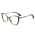 Designer black cat eye glasses for women with elegant gold metal frames with blue light filter for office and digital use.
