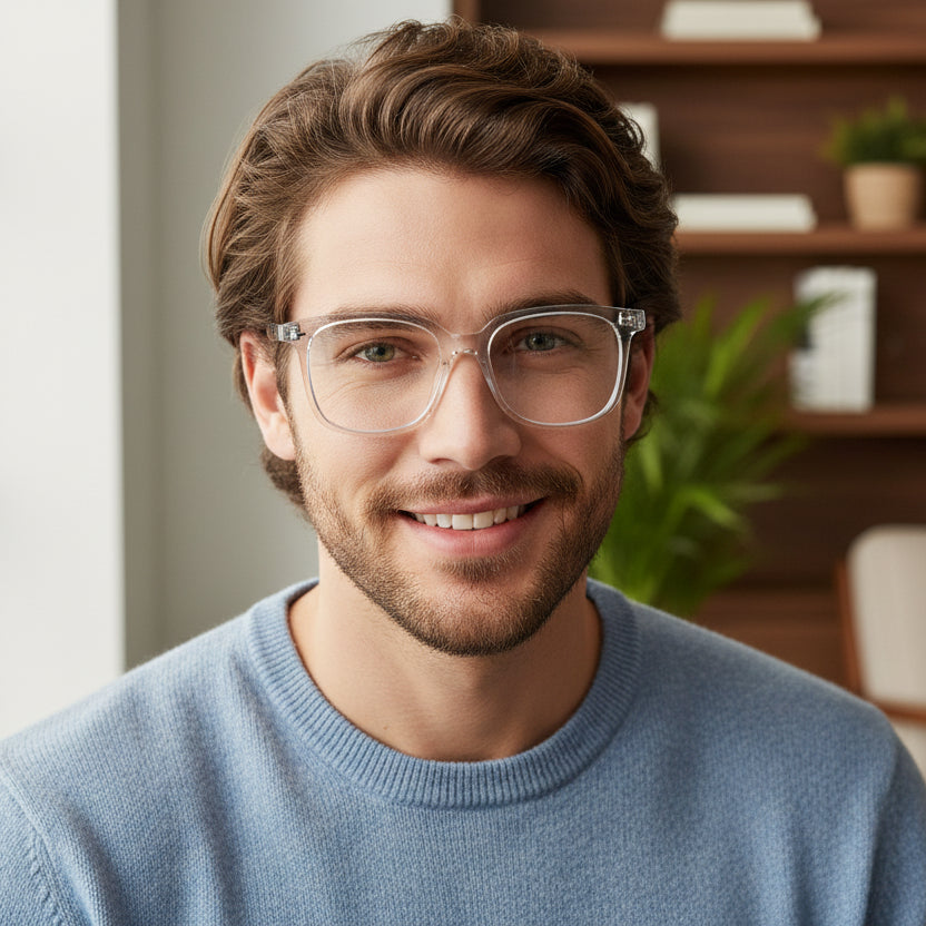 Blue Cut Photochromic Lens with Anti Glare and  Square Rectangular Men LKEL170-TRANS