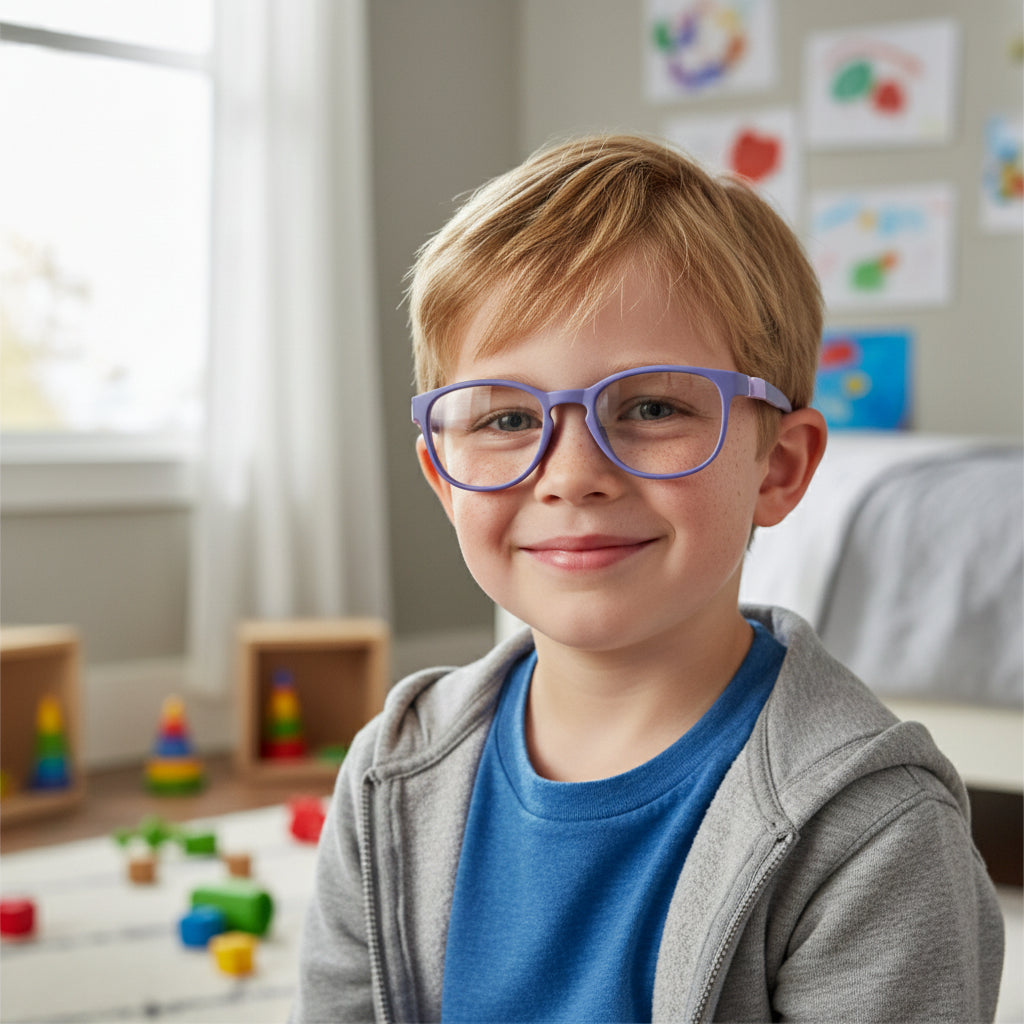 Purple eyeglasses on a white background