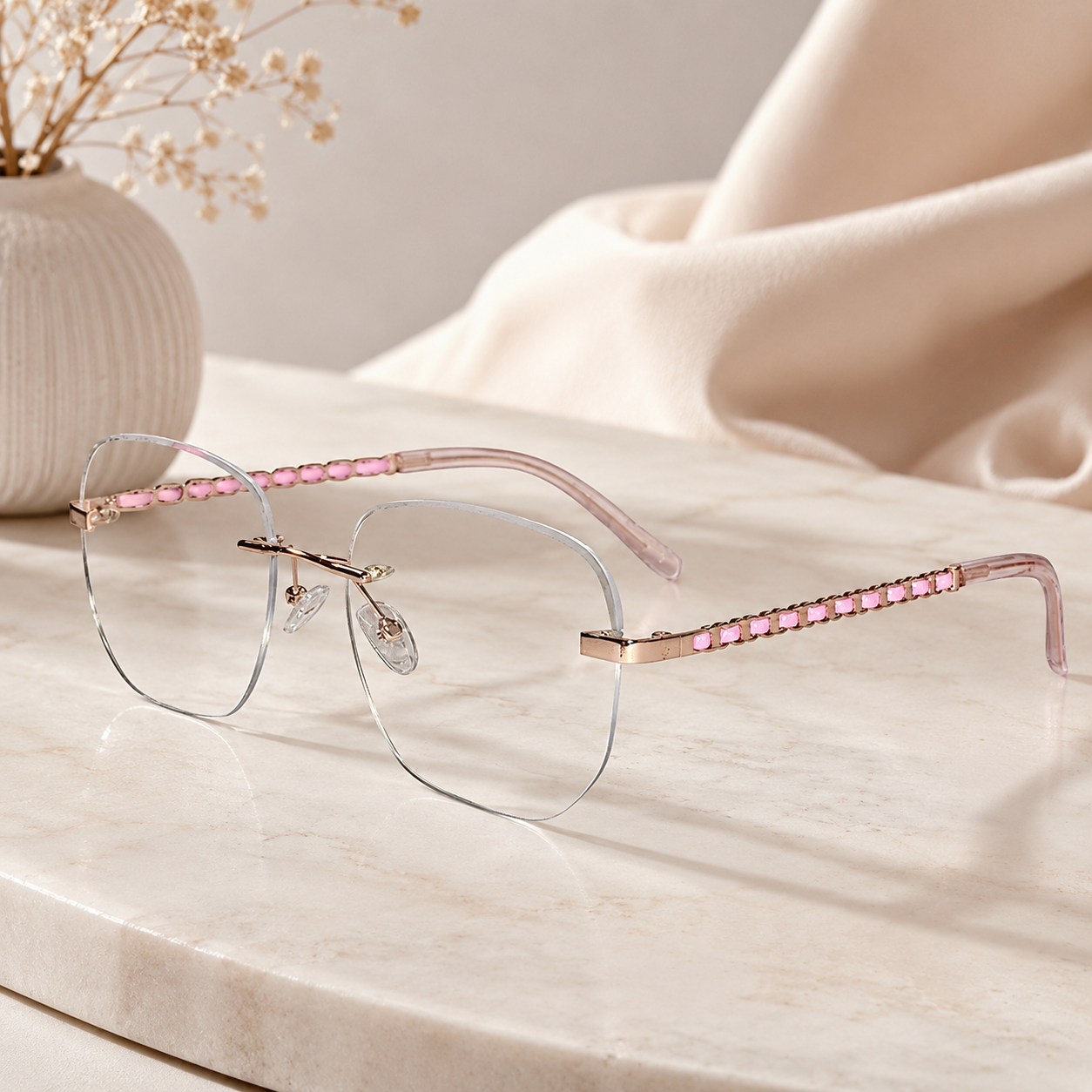 Pink Frameless Designer Eyeglasses For Women LKE23032-PNK