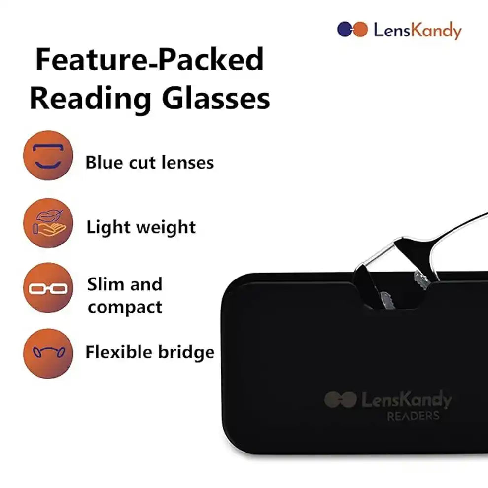 Features list showing blue cut lenses and flexible bridge. Find lightweight nose clip reading glasses online that are Slim in Design , incredibly durable with lenskendy in affordable price