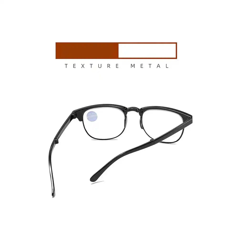Clear view of matte black folding Full Rim reading glasses with neck strap, featuring anti glare lens coating