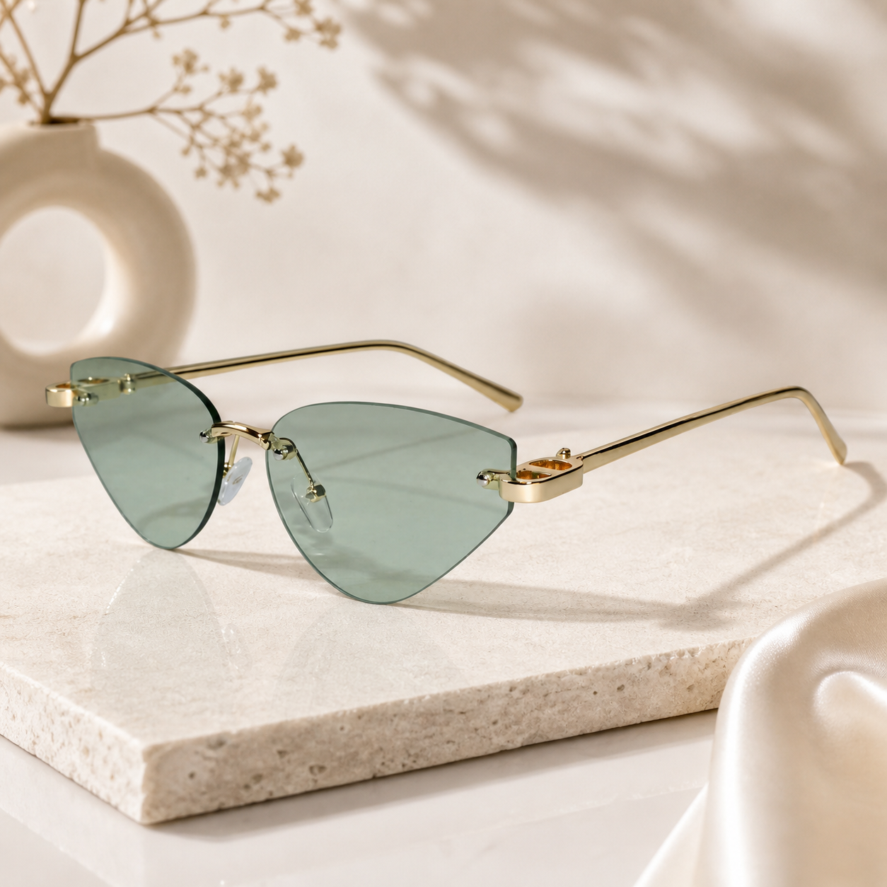 Rimless Cat Eye Sunglasses for Women ELS2026S010-GRN GLD