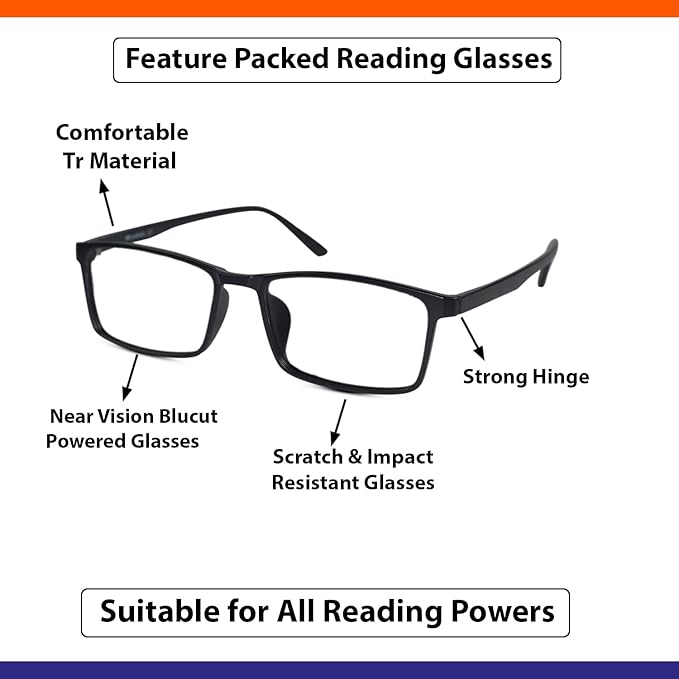 Rectangle Reading Glasses for Men & Women | Scratch Reistant Blue Cut Lenses | UV Blocking Glasses | Available Power +1.00 1.25 1.50 1.75 2.00 2.25 2.50 2.75 3.00 3.50 4.00