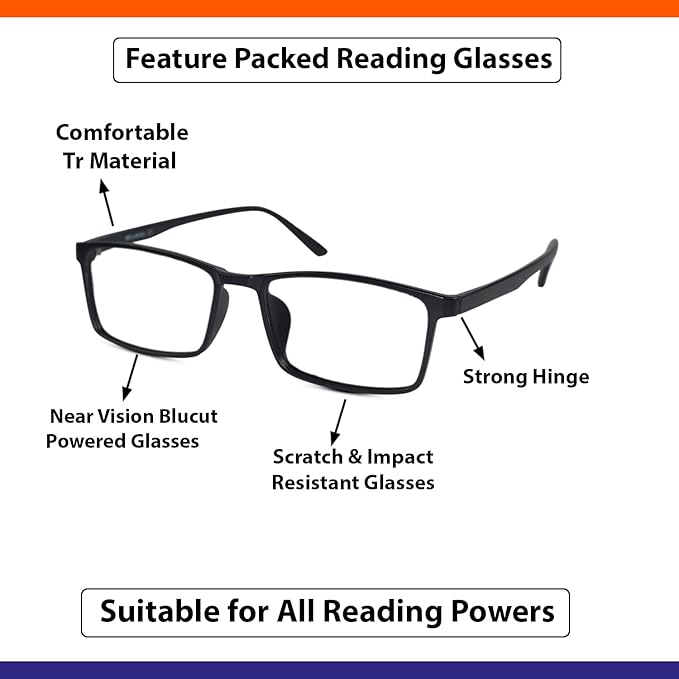 Black Rectangle flexible computer Reading Glasses for men, highlighting their durable TR material.