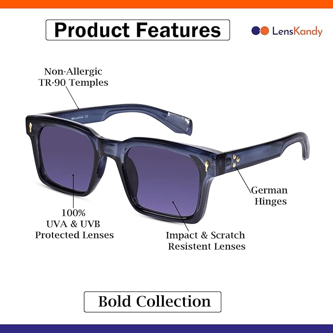 Crystal Blue Rectangular Sunglasses For Men