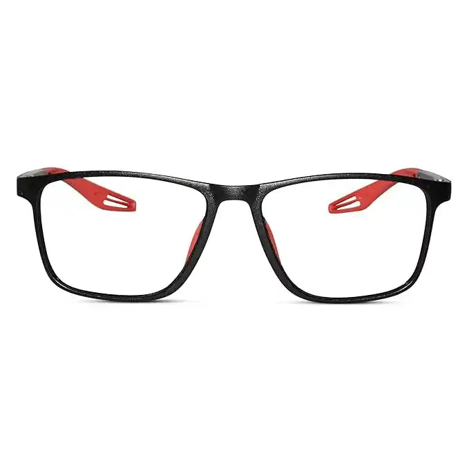 Front view of  Reading Glasses for teens with blue light protection, black rectangular frames. Product is rated and shows power options, starting at +1.00.
