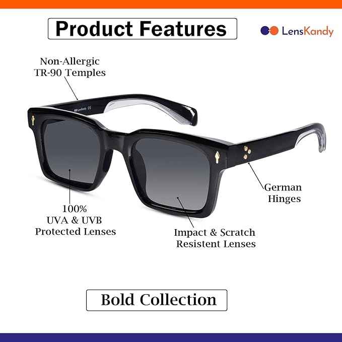 Black Rectangular Sunglasses For Men LKS65019-BLK