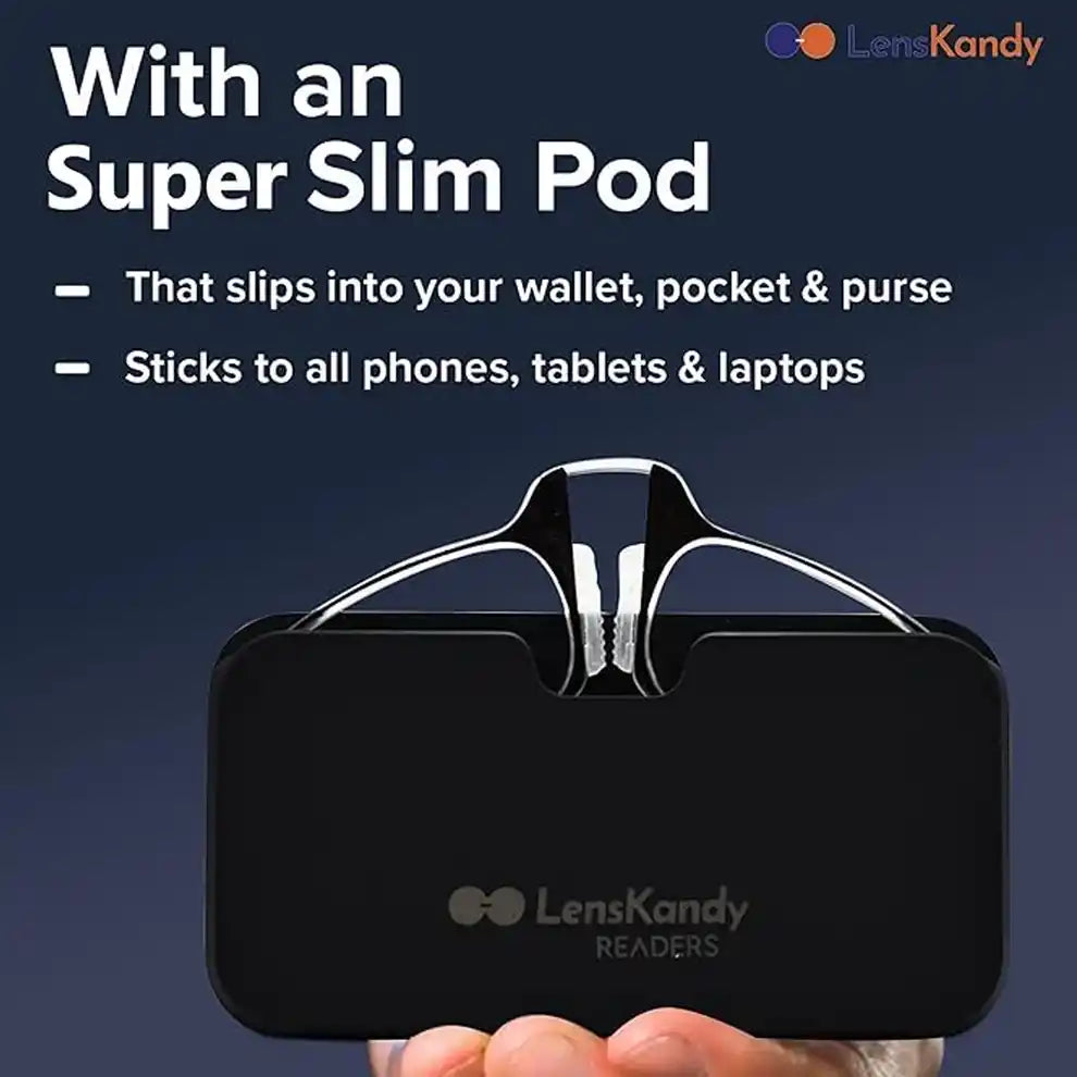 Showing how to stick the case to a mobile device. Order convenient nose clip reading glasses online that are always with you on your phone/laptops/tablets. They provide clear vision in reading and reduce eye strain