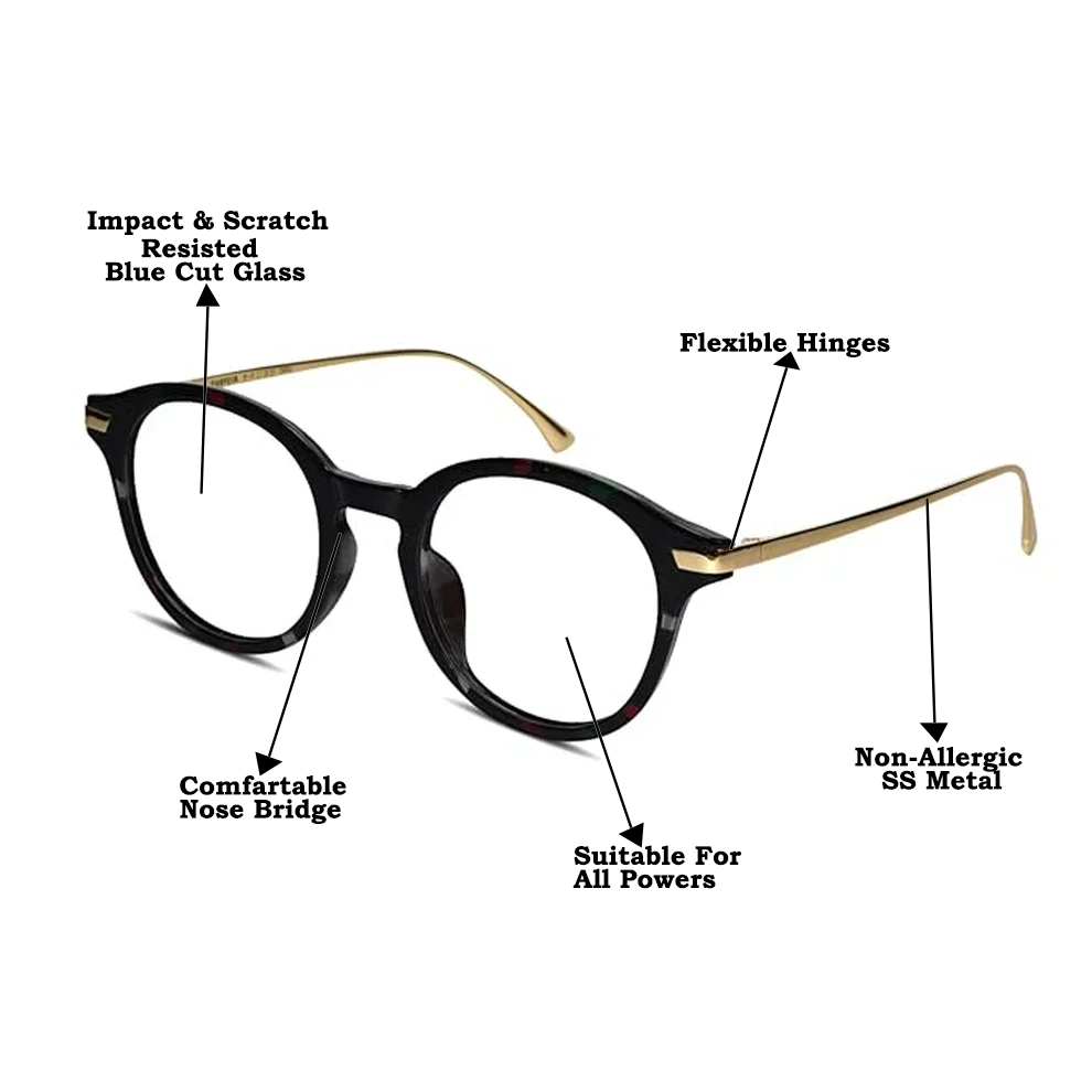 Shiny Dual Tone Black Printed Round Eyeglasses
