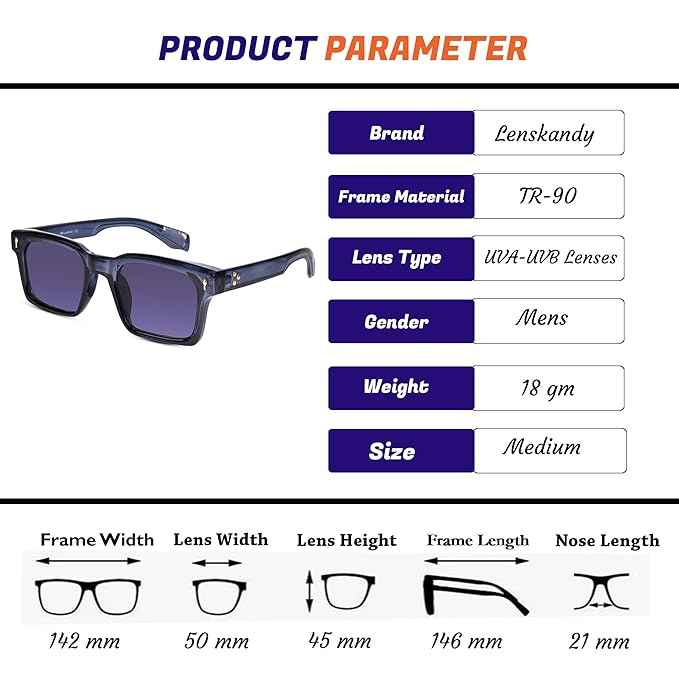 Crystal Blue Rectangular Sunglasses For Men