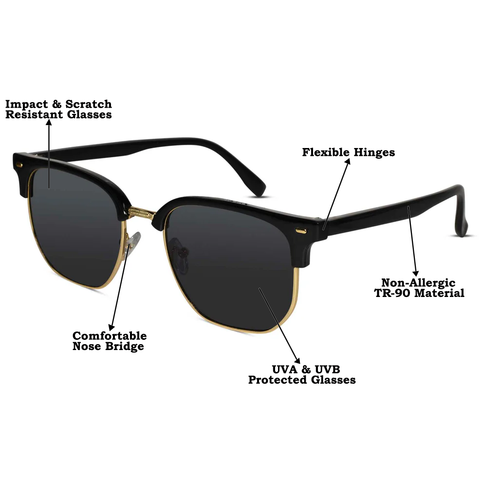 Black Golden  Clubmaster Sunglasses For Women & Men