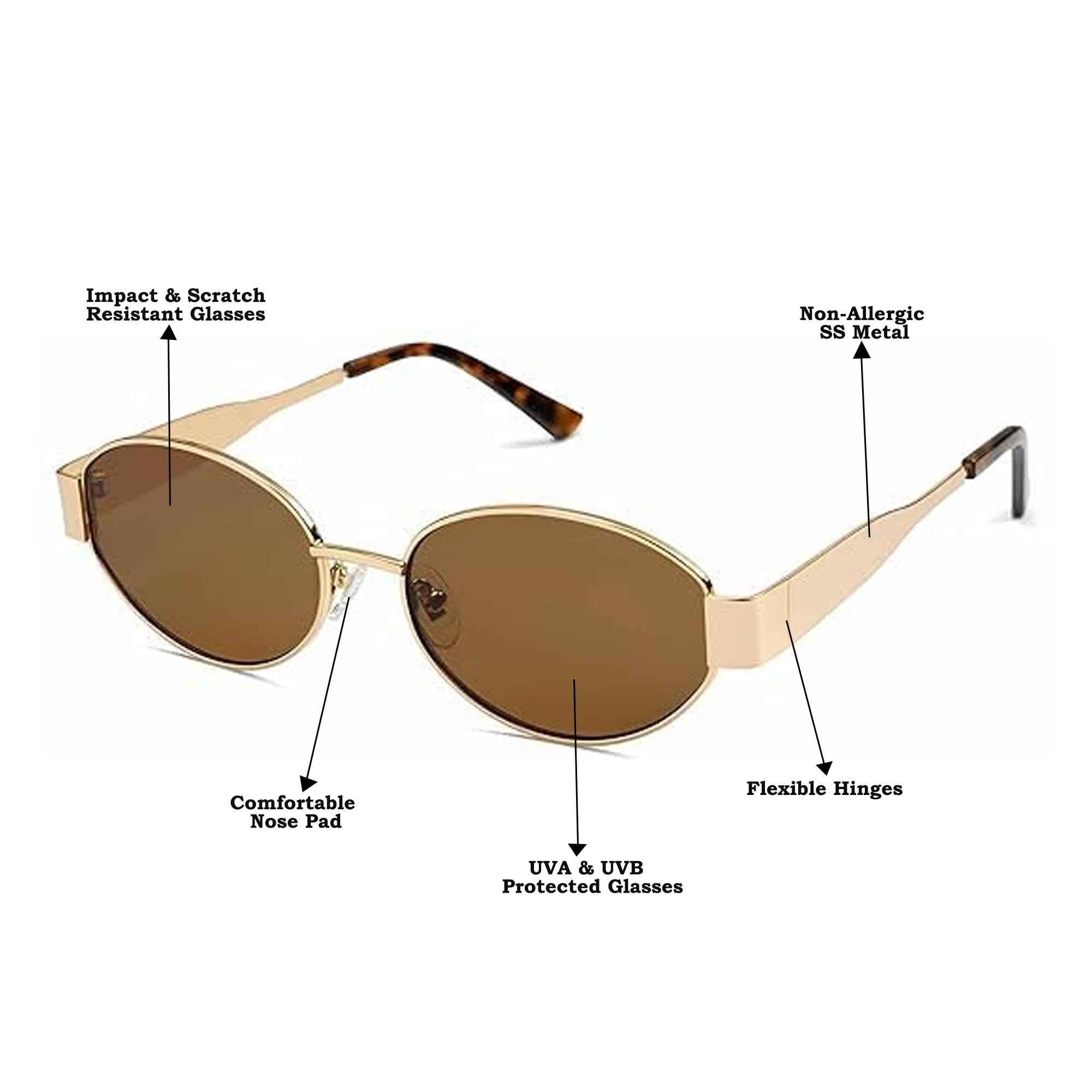 Retro Golden Oval Sunglasses for Women & Men LKS2810-BRN-GOLD