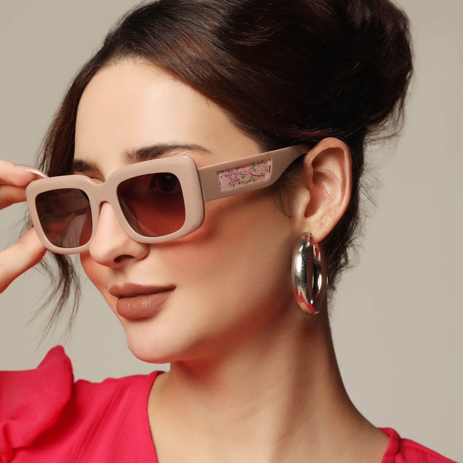 Brown Designer Floral Rectangular Sunglasses For Women