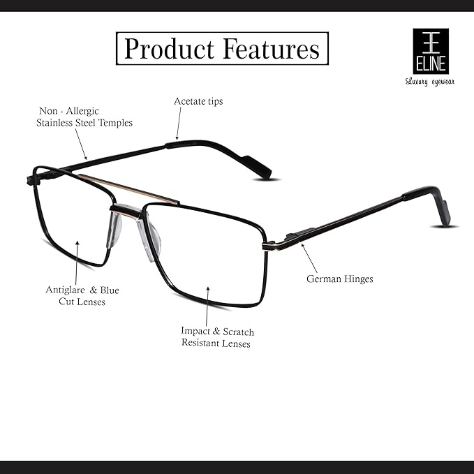 Black Rectangular Antiglare Computer Glasses For Men