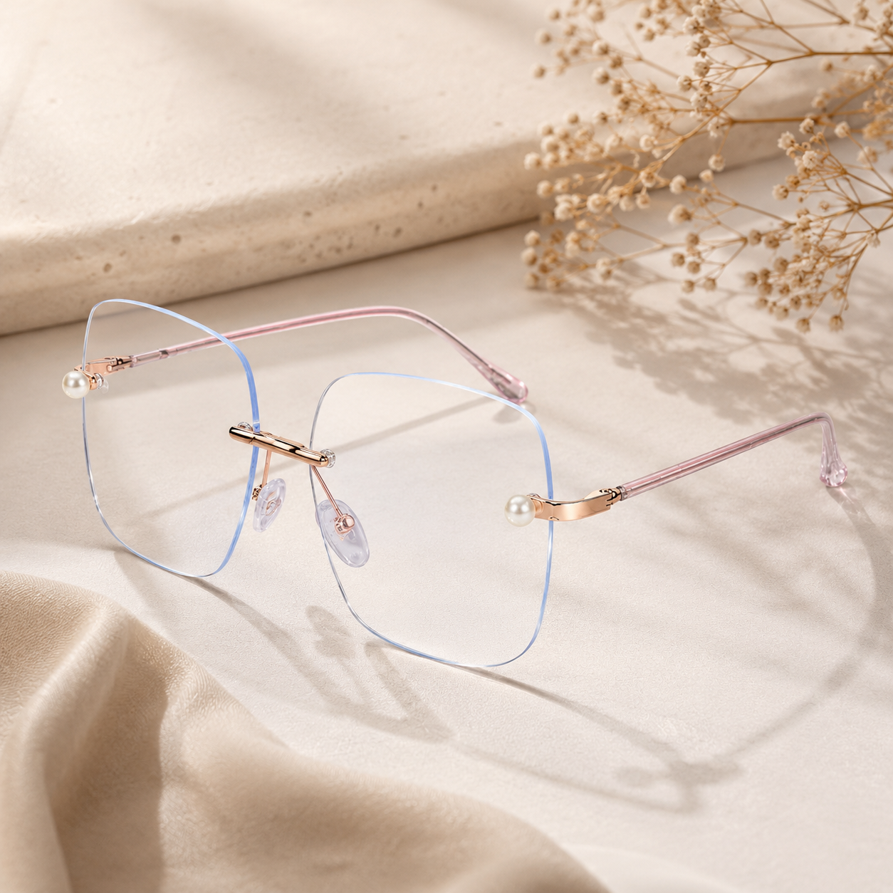 Rose Gold Frameless Designer Pearl Computer Glasses LKE8965-PNK