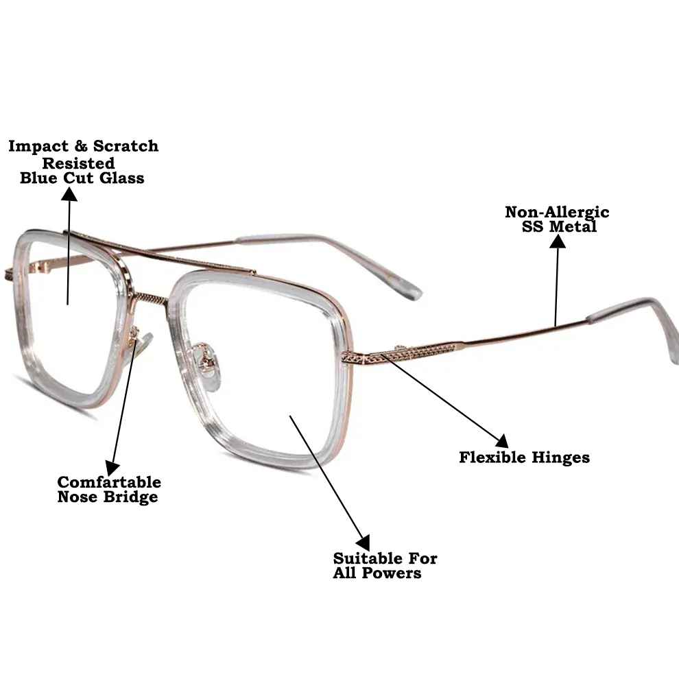 Transparent Gold Full Rim Rectangular Eyeglasses For Men