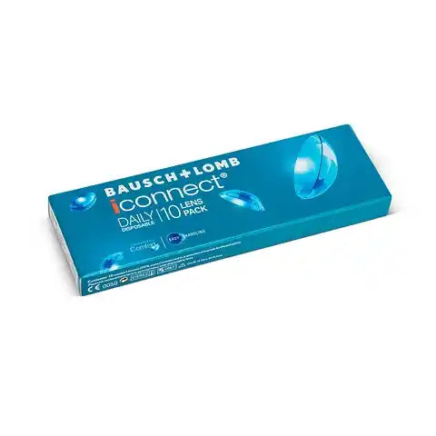 Close-up of Bausch & Lomb iConnect Daily Disposable contact lens box 10 pack – hygienic daily wear lenses for men and women