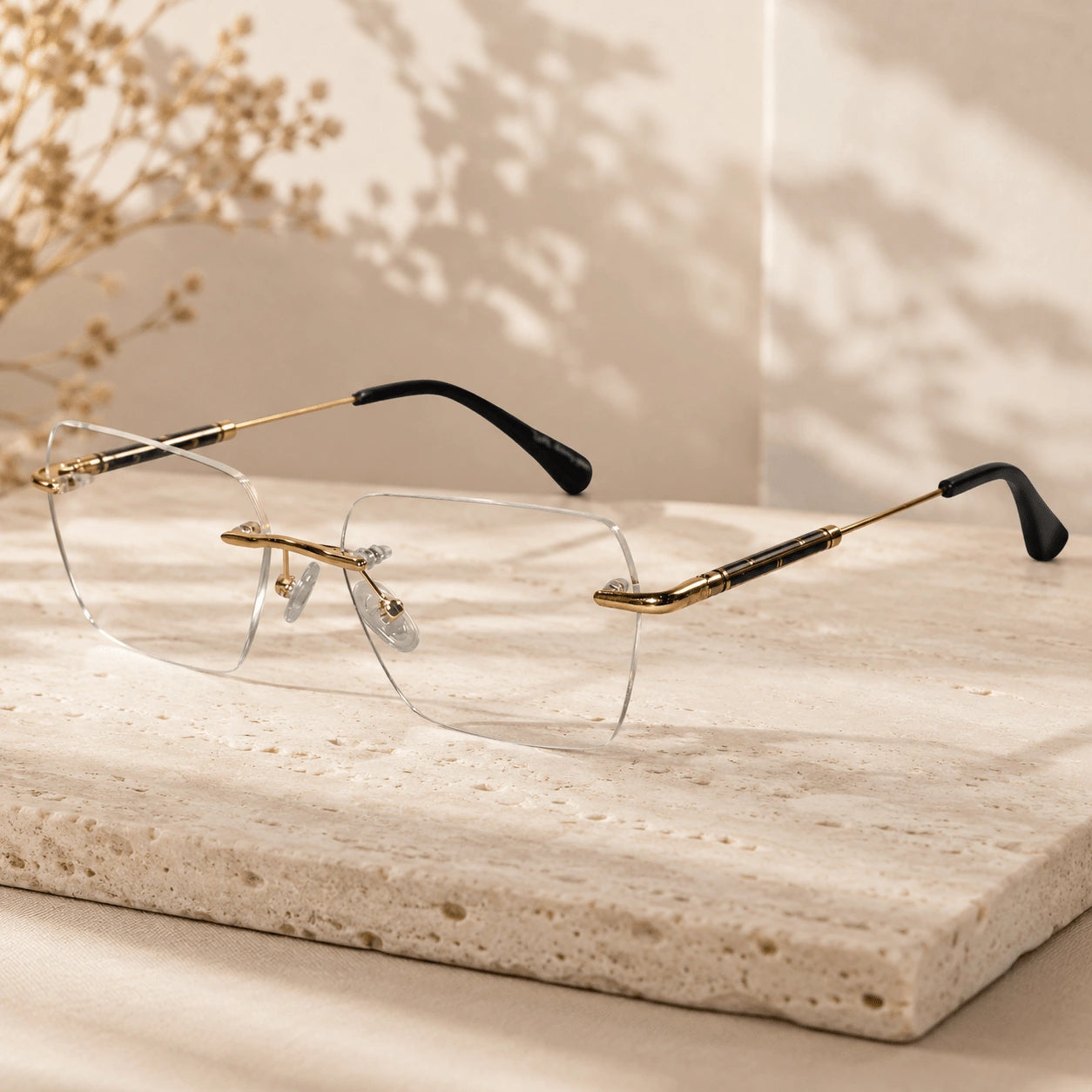 Black-Gold Rimless Reactngular Eyeglasses For Men ELE24004-BLK