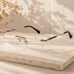 Black-Gold Rimless Reactngular Eyeglasses For Men ELE24004-BLK