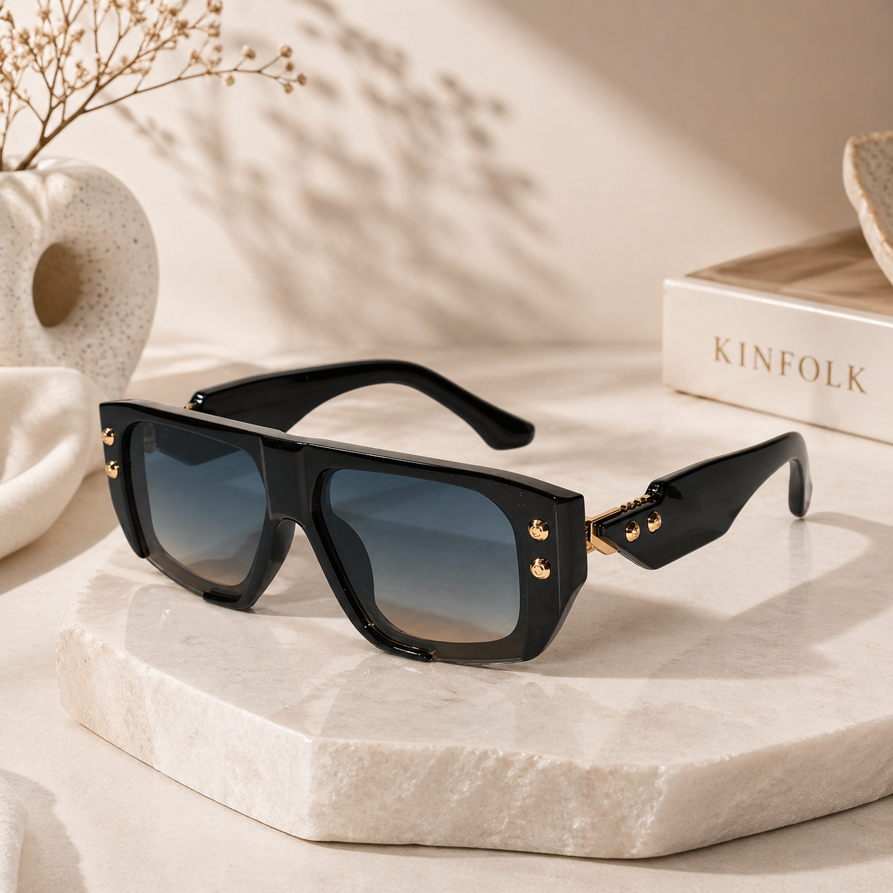 Black Bold Square Sunglasses with Gold Stud Accents ELS2026S06-BLK