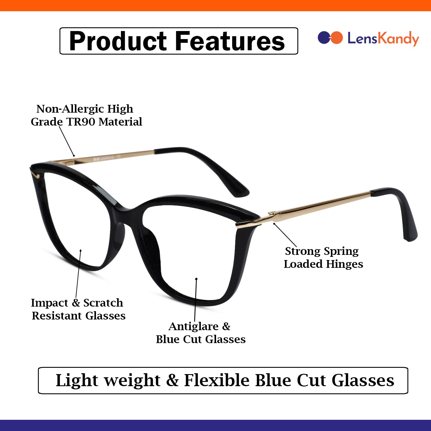Black Gold Cat eye Eyeglasses For Women LKE2036-BLK