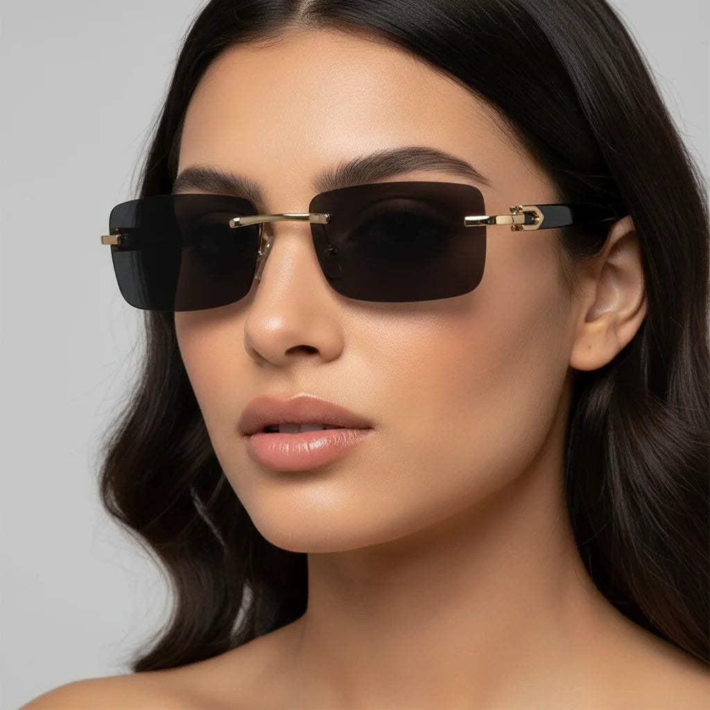 Black  Golden Rimless Sunglasses For Women And Men ELS66042-BLK