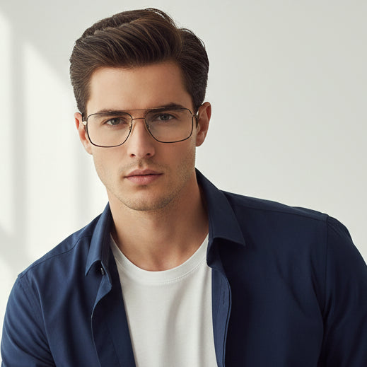 Buy Black gold flexible rectangular eyeglasses for men with anti-glare lenses and durable metallic temples for everyday.