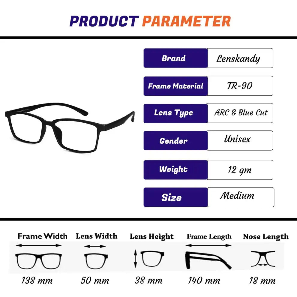 Detailed view of black unisex reading glasses, including TR-90 frame material, ARC & Blue Cut lens type, best for long screen time