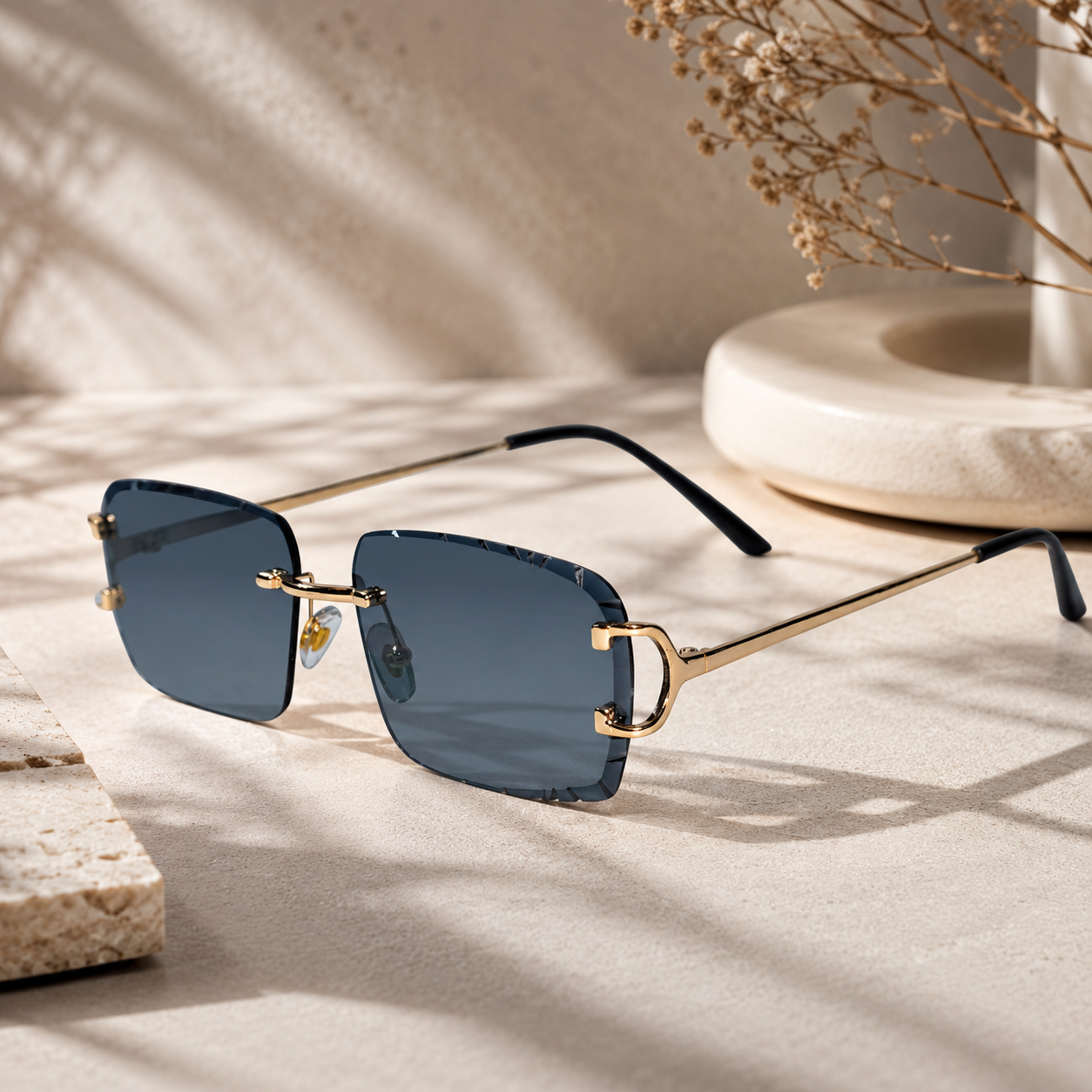 Black Rimless Rectangular Sunglasses for Men & Women ELS2026S017-BLK
