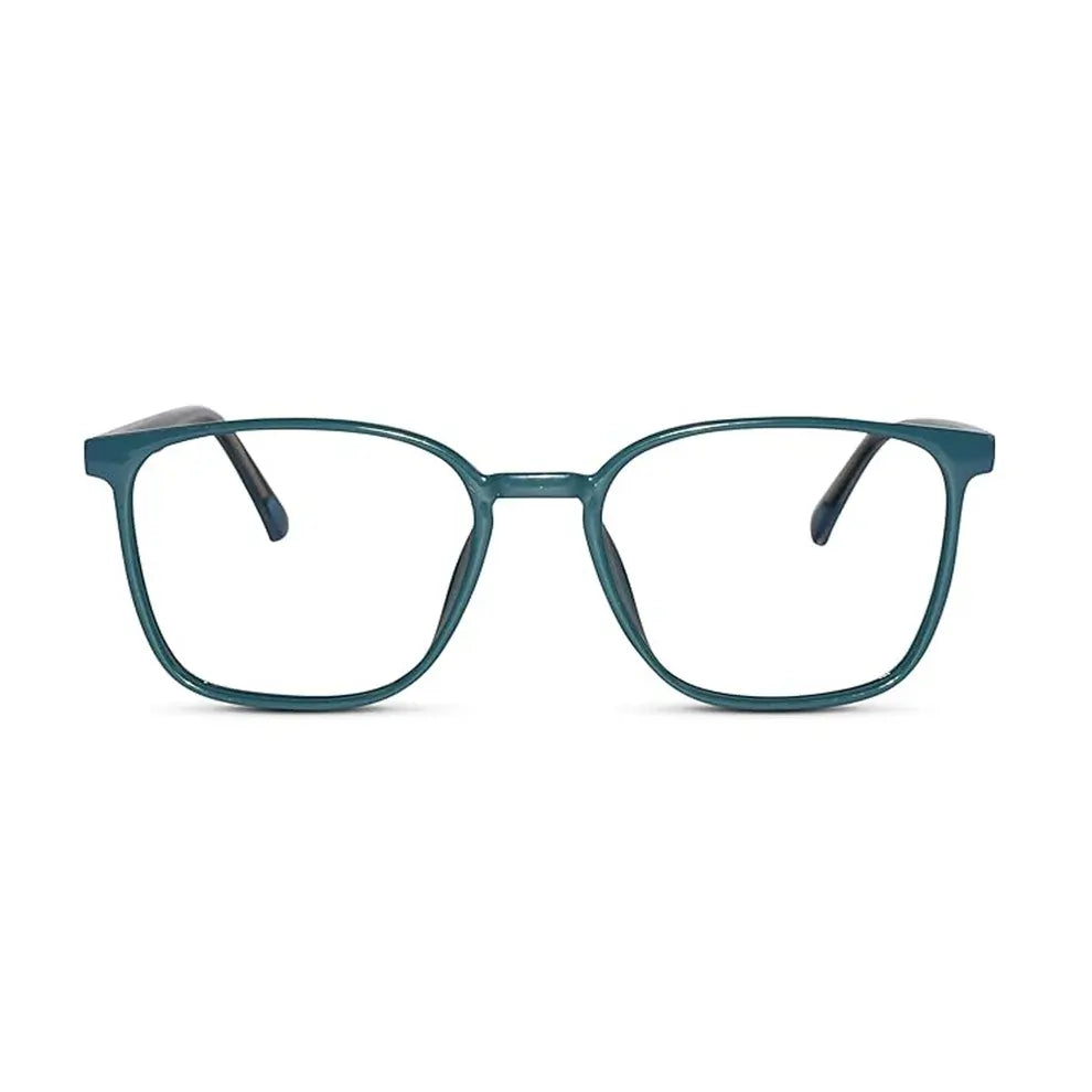 Front view of shiny aqua blue square antiglare computer glasses stylish unisex specs for eye strain and digital screen use