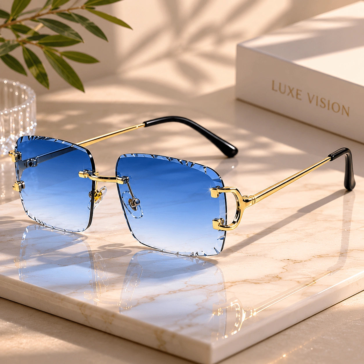 Blue Rimless Rectangular Sunglasses for Men & Women ELS2026S017-BLU