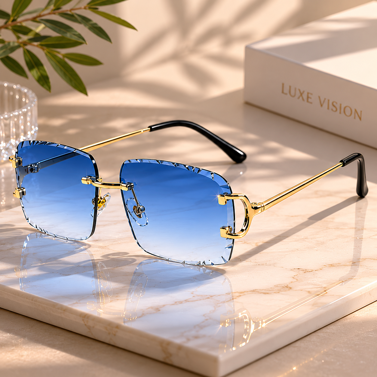 Blue Rimless Rectangular Sunglasses for Men & Women ELS2026S017-BLUE