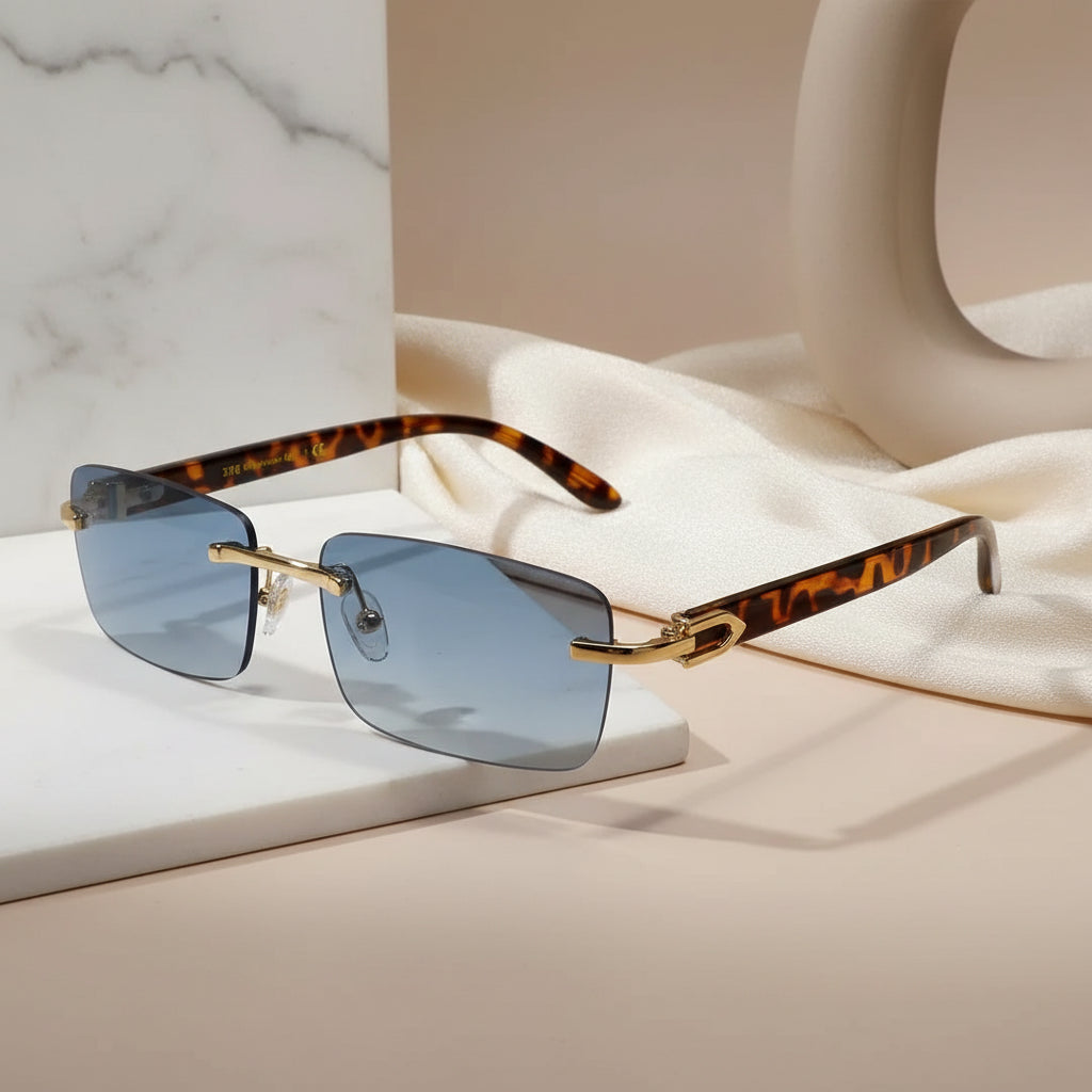 Designer Gold Black Rectangular Rimless Sunglasses For Women  ELS66042-BLU