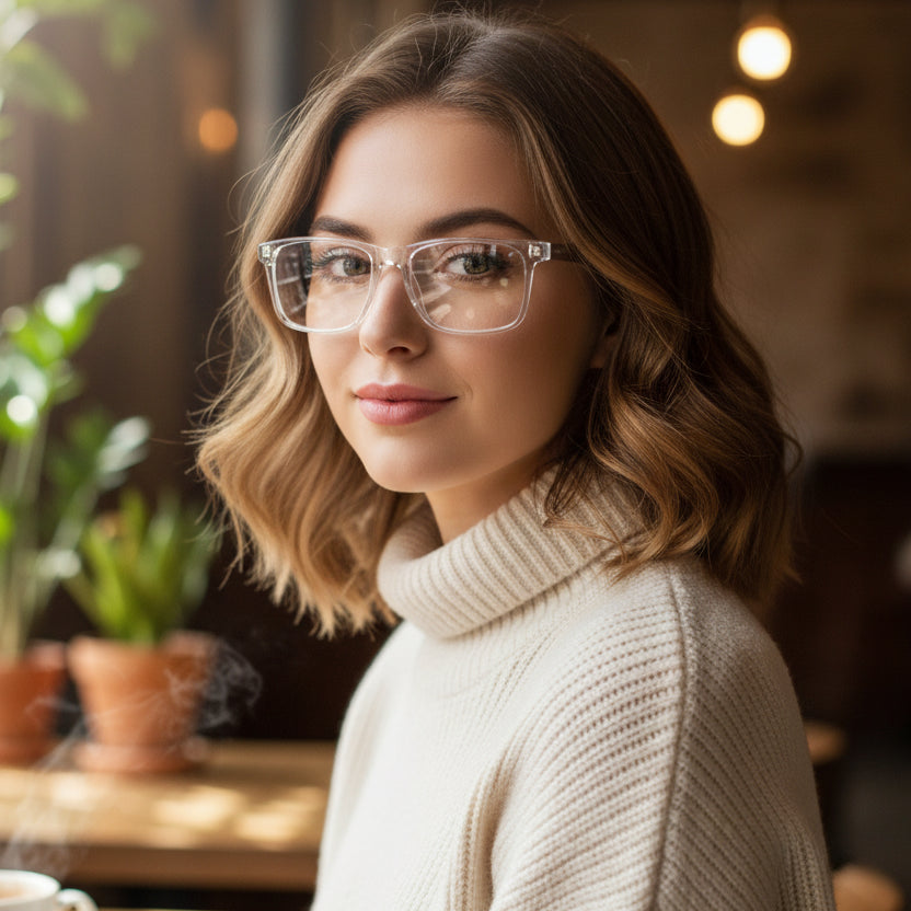 Front view of Smart Transparent Rectangular Eyeglasses for men and women – clear full-rim frame for modern look